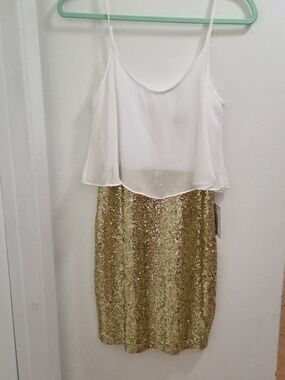 B. Darlin Dress (Gold Sequin Pencil Skirt with White Chiffon Overlay), Girls 7/8